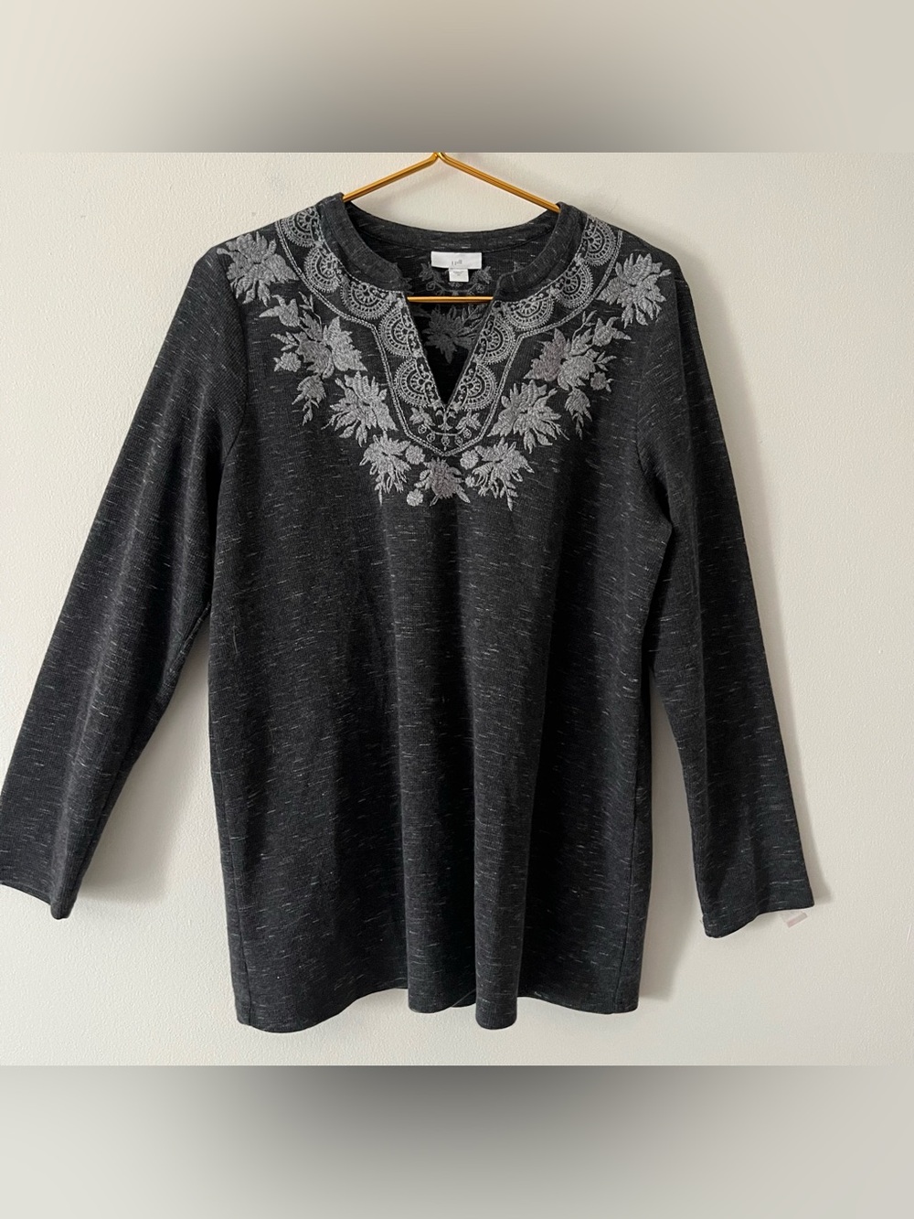 J.Jill Charcoal Heather Gray Embroidered Waffle Knit Thermal Cozy Relaxed Top M